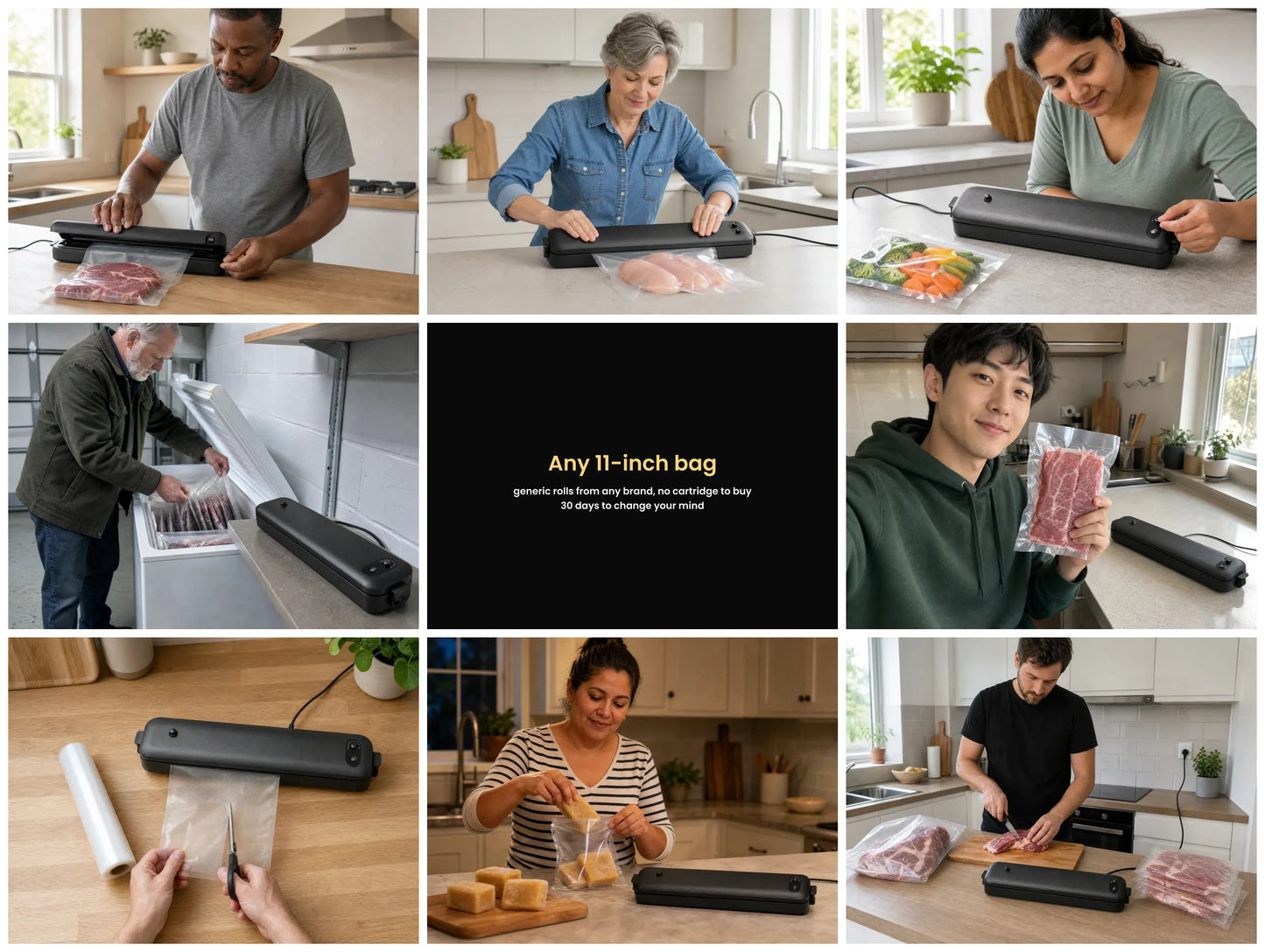 Eight AI-generated illustrations of people using the FreshPak in home kitchens, and the bag and returns terms
