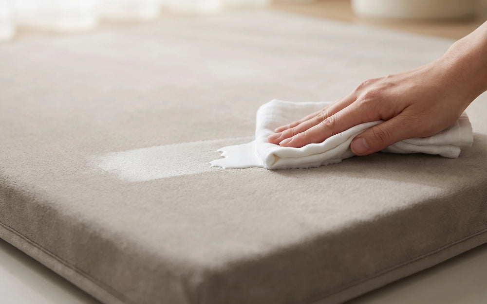 A hand wiping a small spill off the surface with a cloth