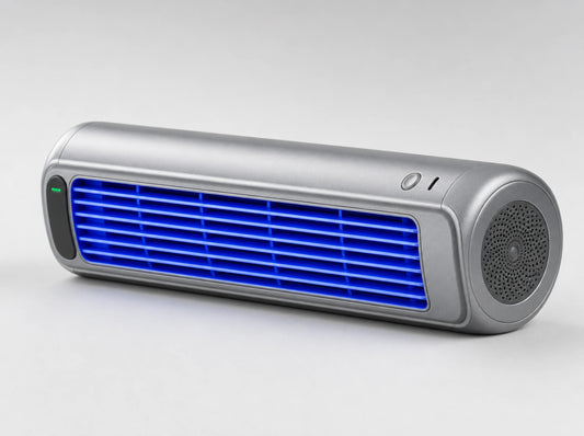 Froza portable bar fan, silver body with the lit air window