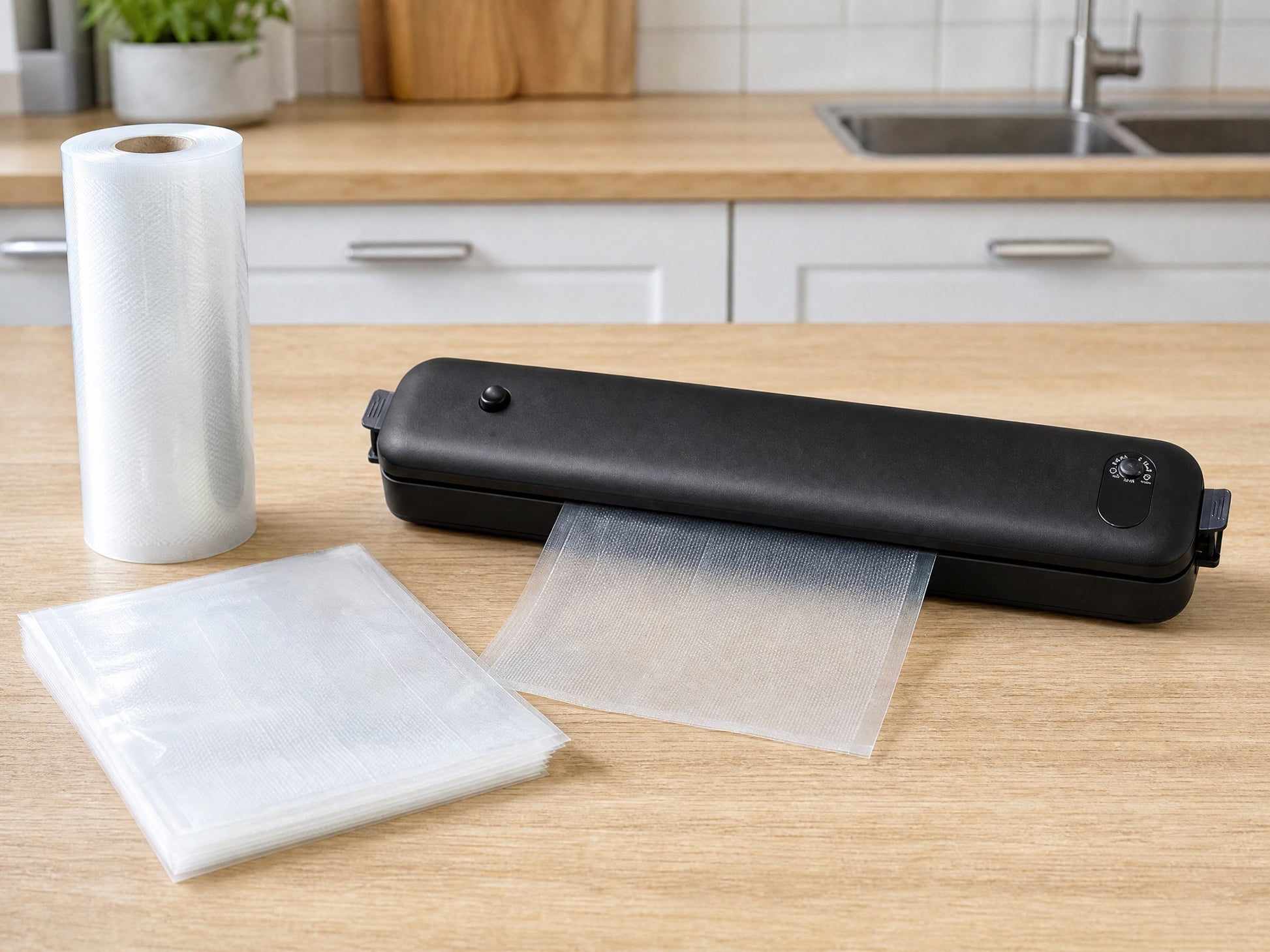 The sealer beside a roll of generic bag material and a stack of precut bags