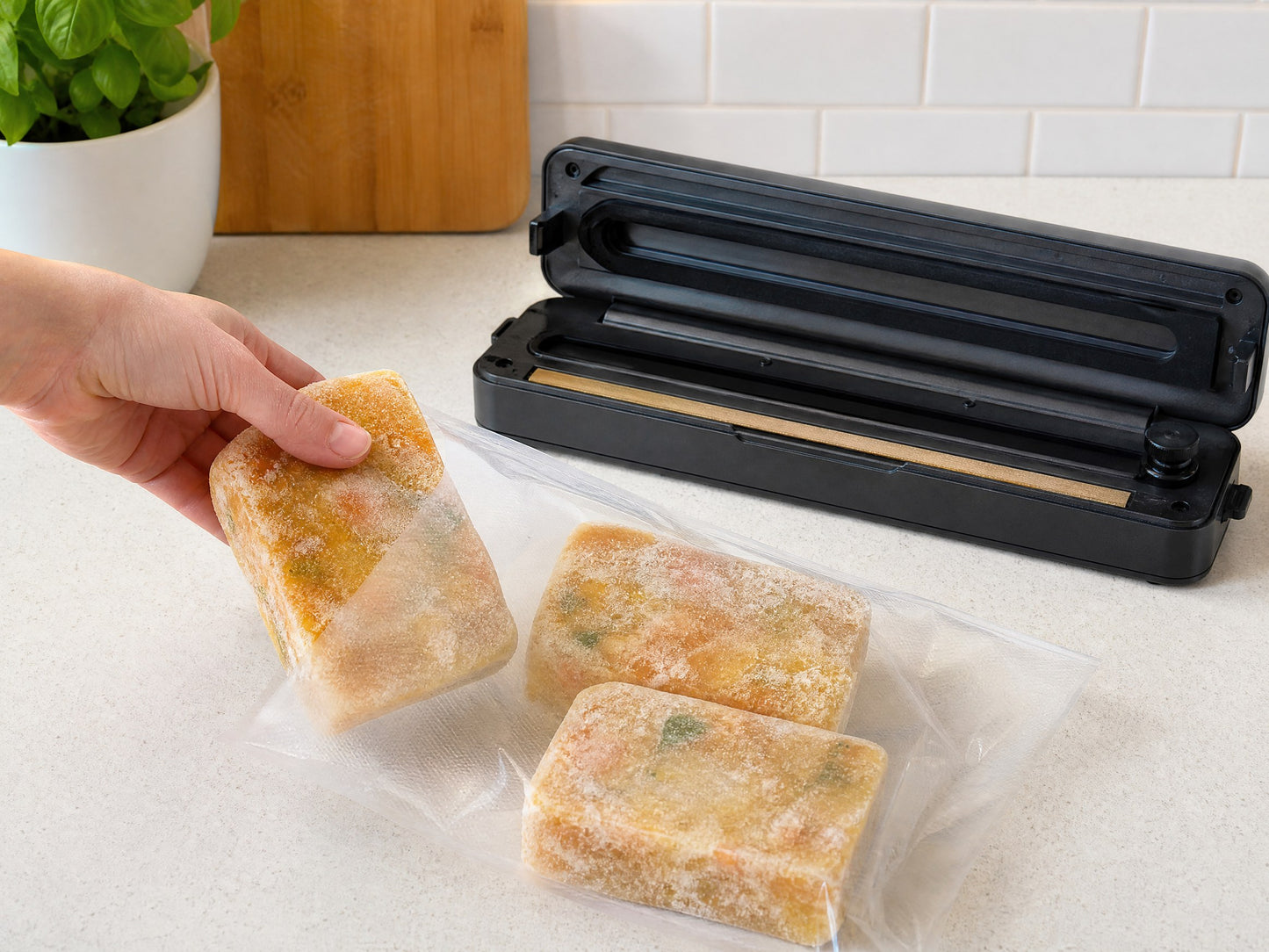Frozen-solid soup blocks being placed into a vacuum bag