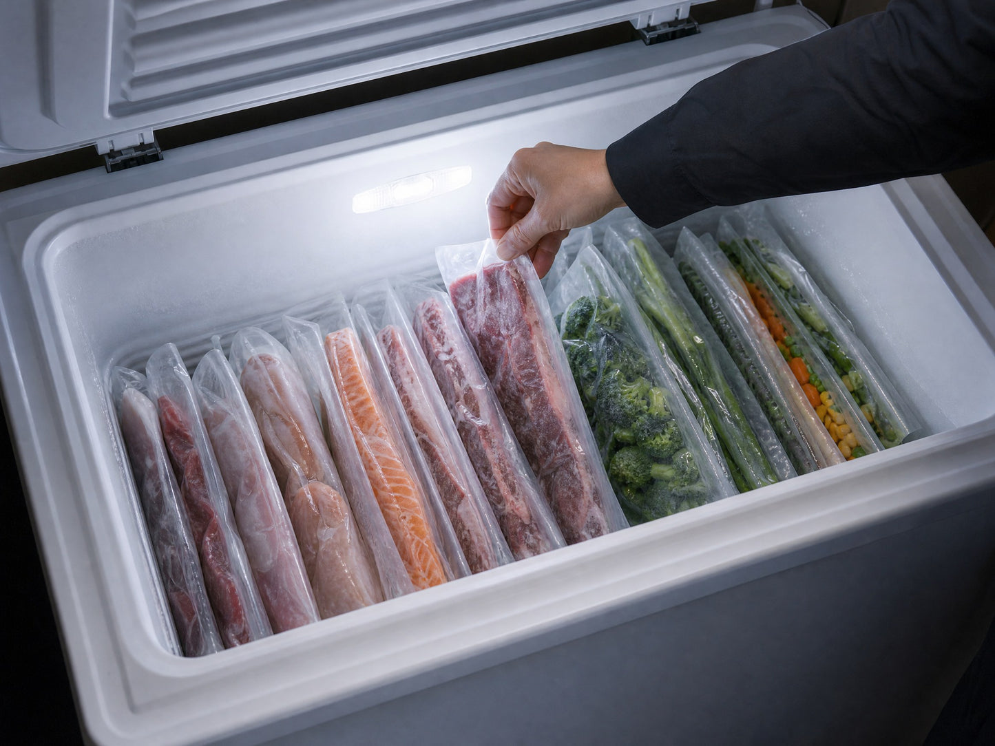 Flat vacuum-sealed bags stacked upright in a chest freezer