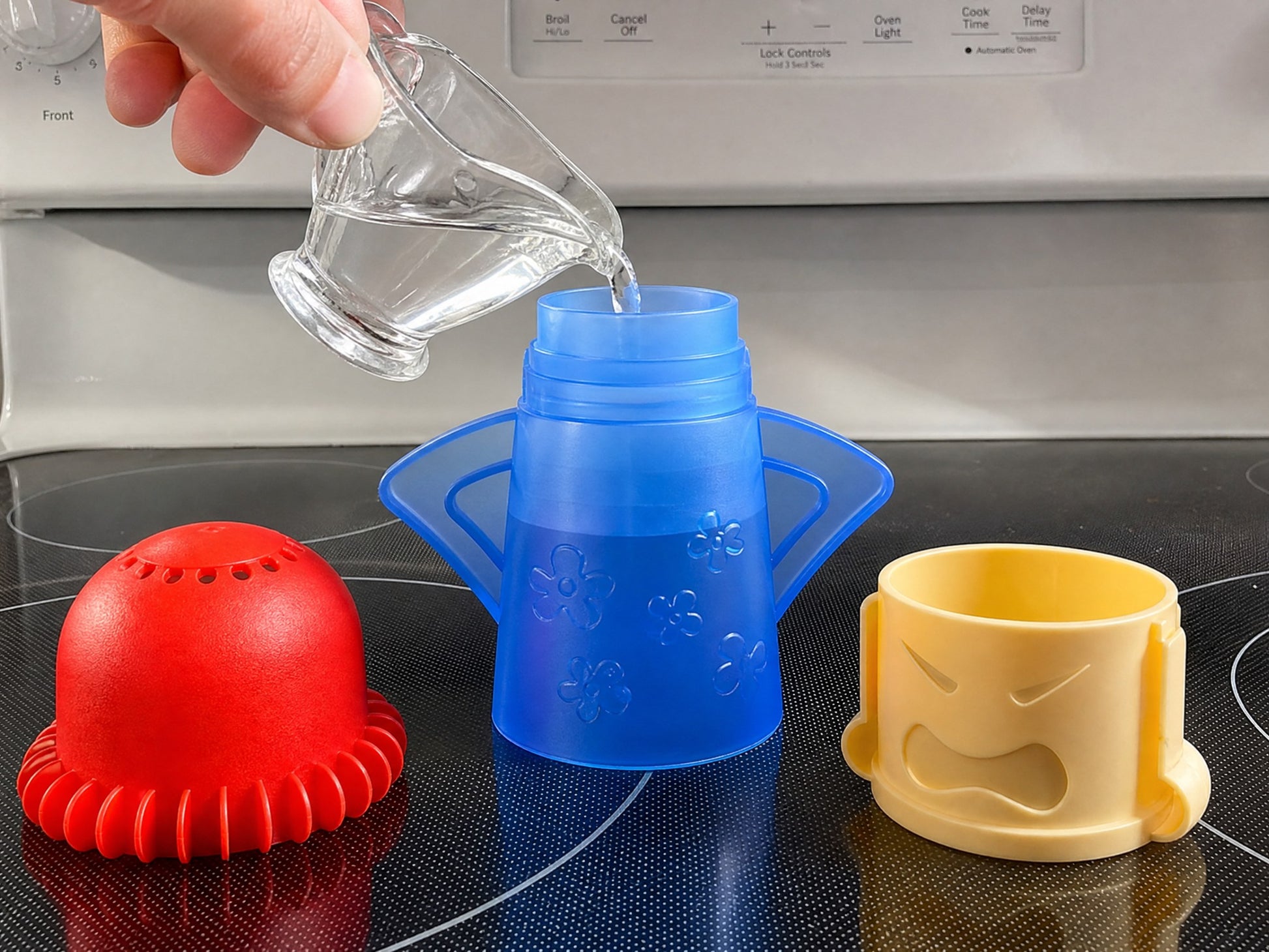 Water being poured into the translucent body up to the moulded fill line