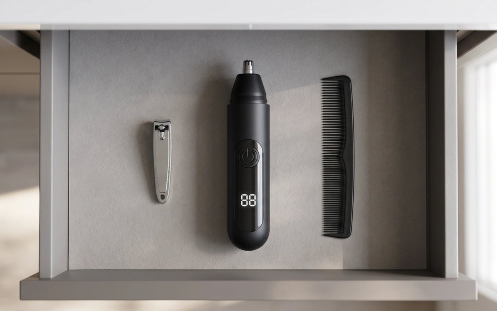 The trimmer in an open bathroom drawer beside a nail clipper and a comb