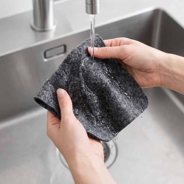 Rinsing the cloth under a tap