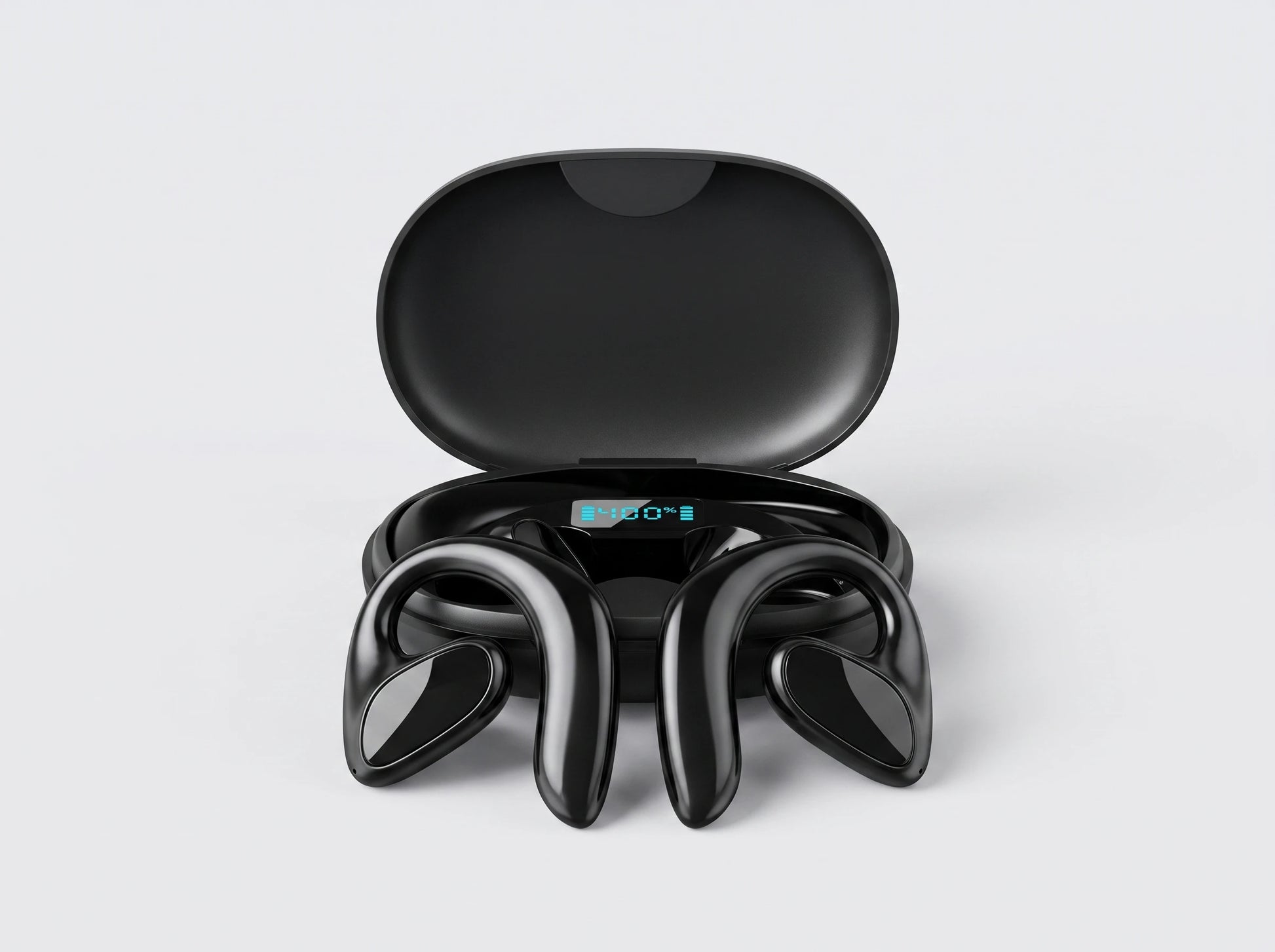 SonaBuds open-ear translation earphones in front of their charging case