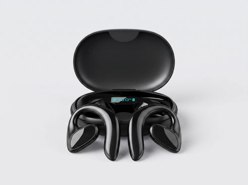 SonaBuds open-ear translation earphones in front of their charging case