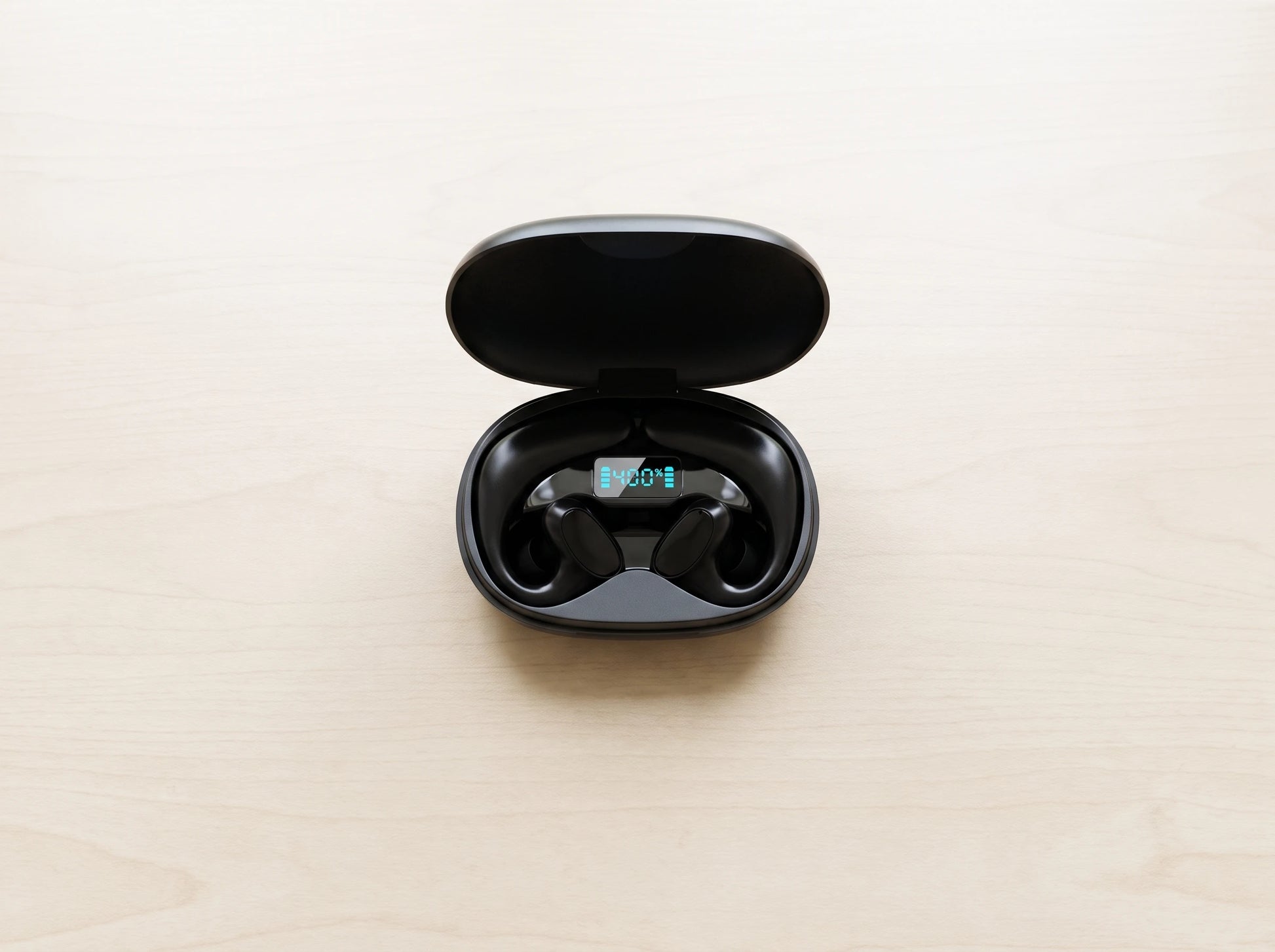The SonaBuds charging case open with both earphones inside