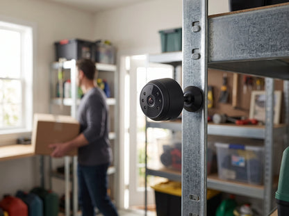 SpyFocus camera held by its magnet on the steel upright of a garage shelf, lens watching the door