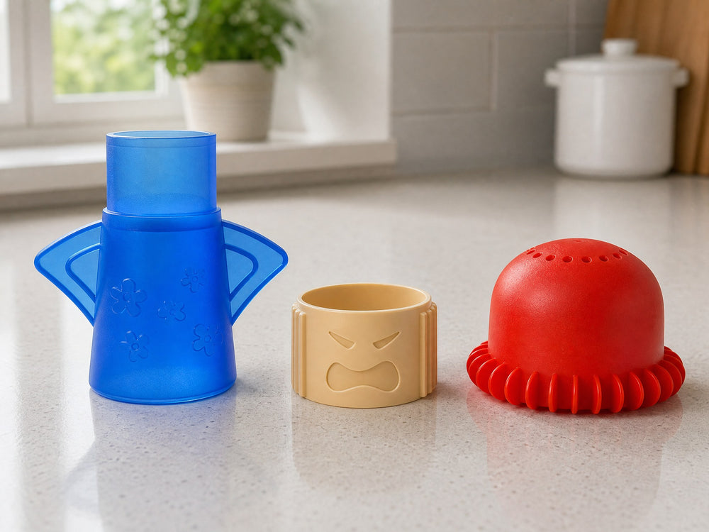 The three parts of the cleaner separated on a worktop