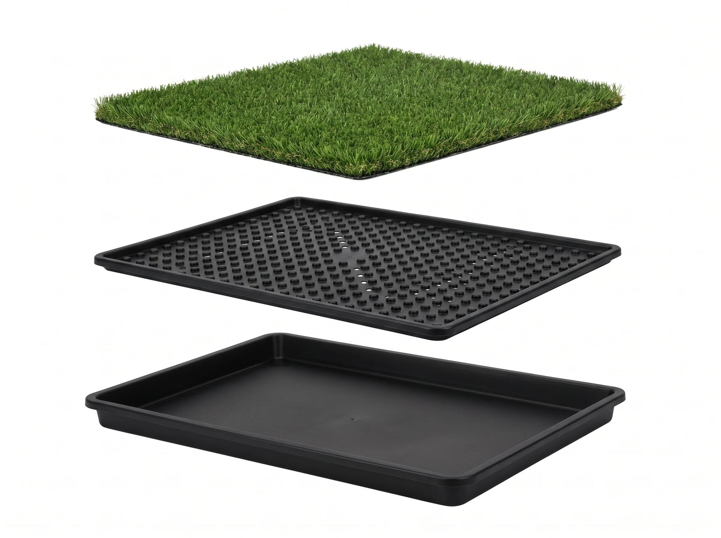 Turfio Indoor Dog Potty — Washable collection tray under washable synthetic turf, with a splash wall — no drainage bag, no subscription, nothing to rebuy