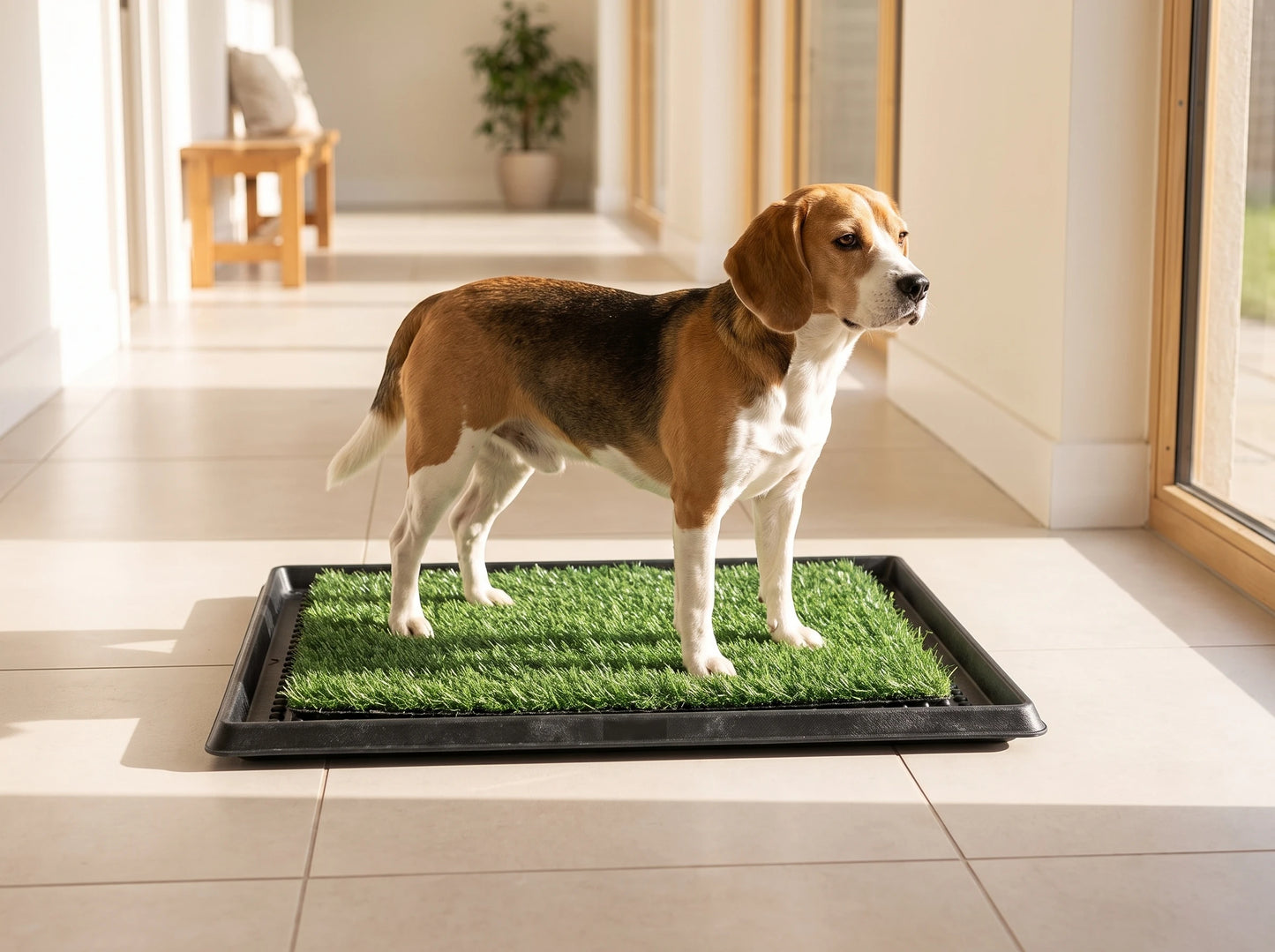 Turfio Indoor Dog Potty — Washable collection tray under washable synthetic turf, with a splash wall — no drainage bag, no subscription, nothing to rebuy