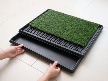 Turfio Indoor Dog Potty — Washable collection tray under washable synthetic turf, with a splash wall — no drainage bag, no subscription, nothing to rebuy