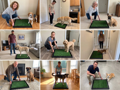 Turfio Indoor Dog Potty — Washable collection tray under washable synthetic turf, with a splash wall — no drainage bag, no subscription, nothing to rebuy